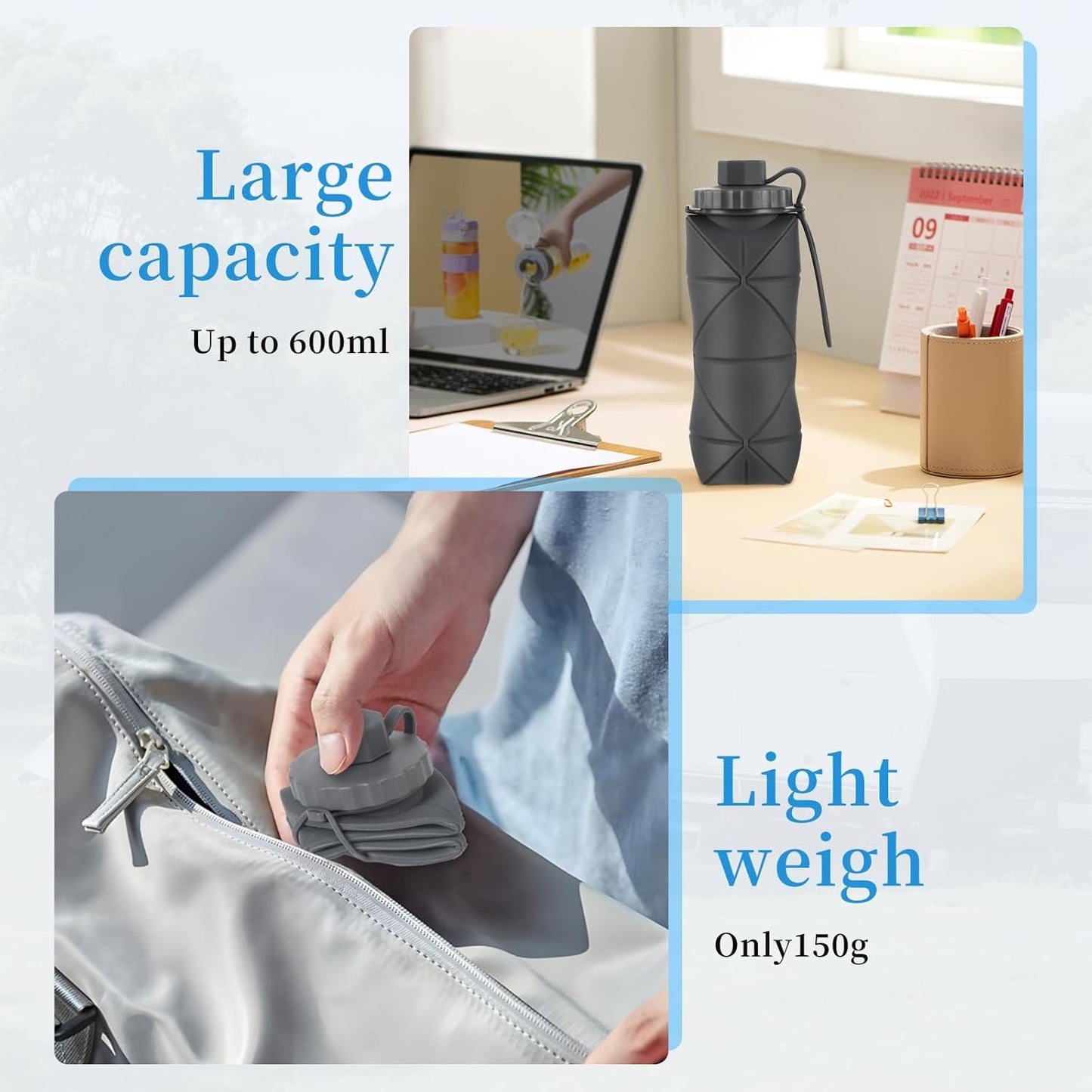 YCT Collapsible Silicone Travel Water Bottle 20oz (600ml), Reuseable Leakproof BPA Free Foldable Sports Bottle, with Carrying Strap, Dark Blue