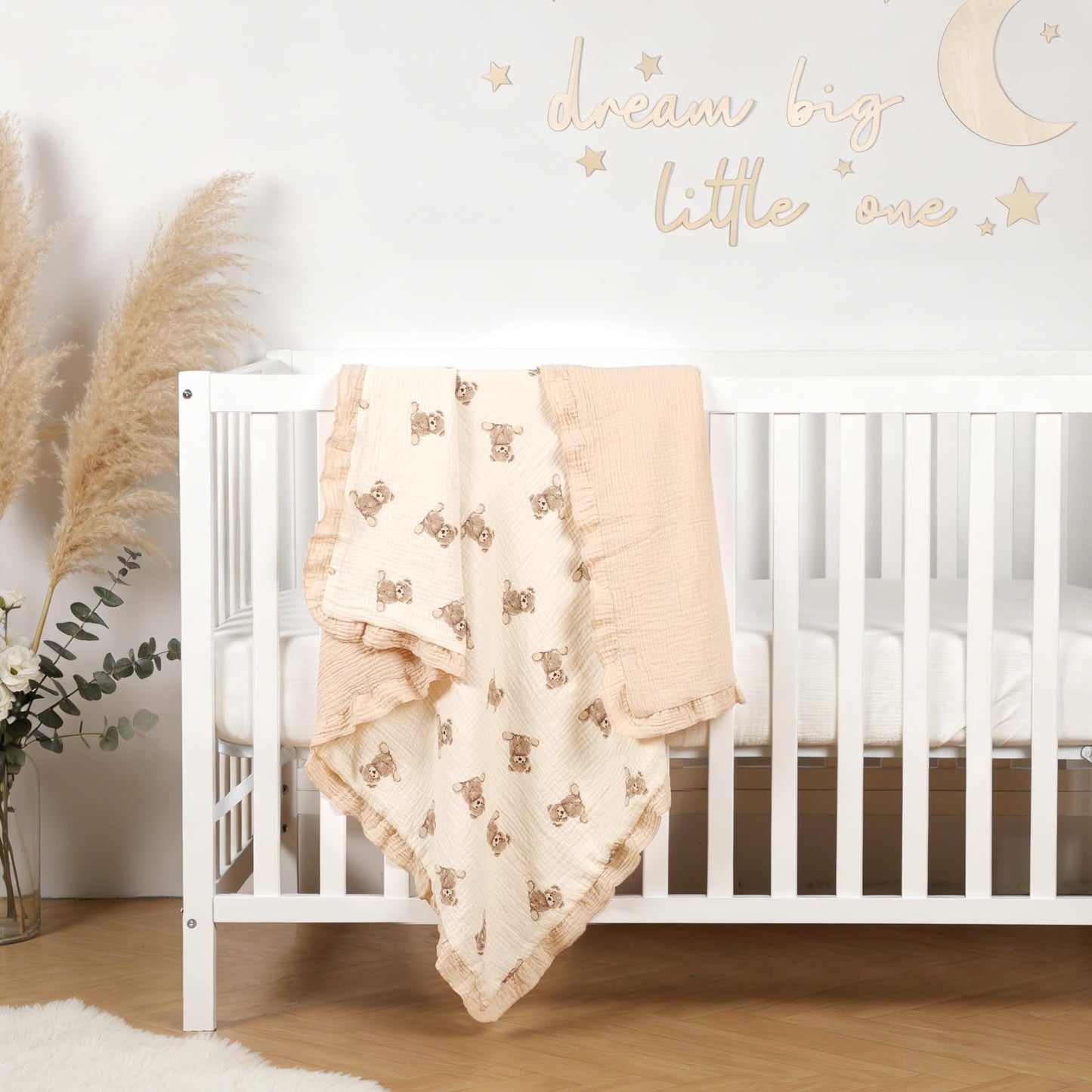 100% Organic Cotton Muslin Baby Blanket Flounce Edge Large 50"x43" Teddy Bear, Soft Breathable Toddler Quilt Crib Blankets Gender Neutral for Baby Boys and Girls Bassinet, Bed, Stroller & Snuggling