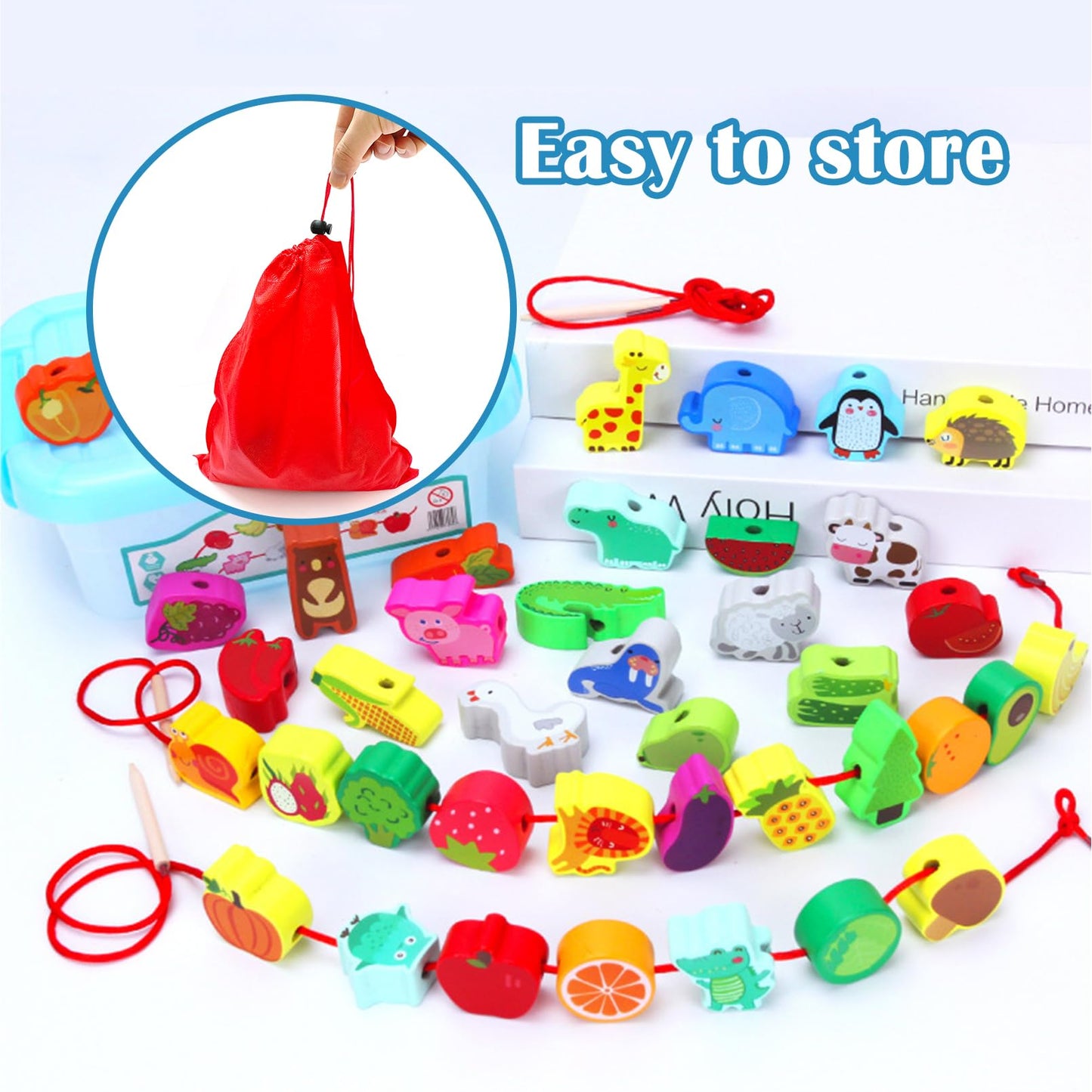 exinddea 46 PCS Wooden Lacing Beads,Animals Fruits Threading Toys for Toddlers,Preschool Learning Lacing Toys,Montessori Educational Stringing Threading Beads Toys for Kids 3 4 5 6 Year Old Boys Girls