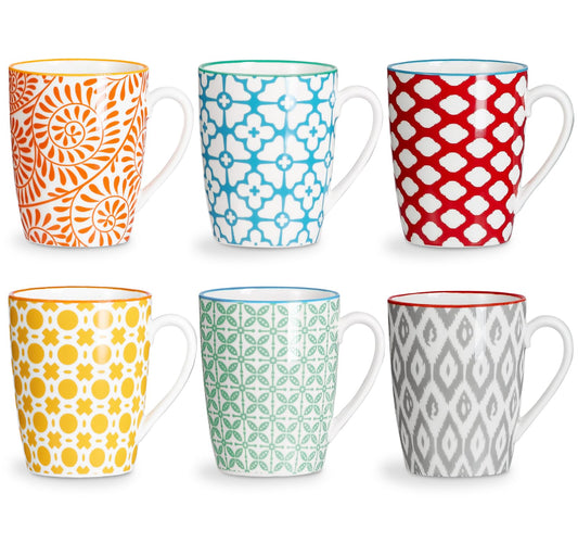 ONEMORE Coffee Mugs Set of 6, 12 oz Ceramic Coffee Cup with Handles, Porcelain Mugs for Latte Cappuccino Tea Cocoa, Microwave Dishwasher Safe, Aesthetic Home Office Cups for Women Men (Assorted Color)