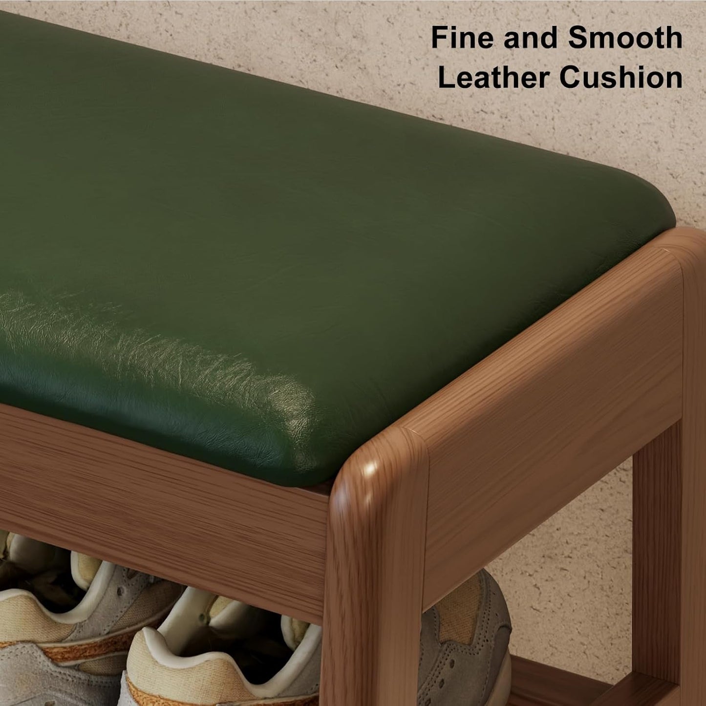 Small Shoe Bench with Leather Cushion,2 Tiers Shoe Rack Bench with Flip-Top Storage,Wood Shoe Rack for Entryway（Green,23.62"
