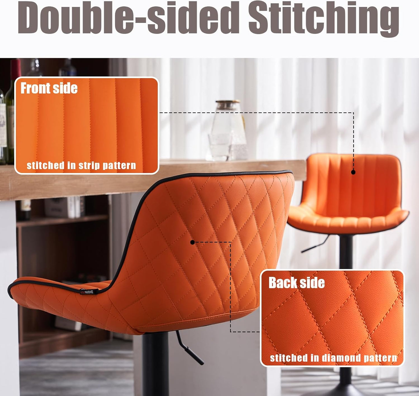YOUNIKE Orange Bar Stools Set of 2 Kitchen Counter Height Barstools with Backs Swivel High Faux Leather Paddedt Bar Chairs Modern Adjustable Tall Stools for Breakfas Island