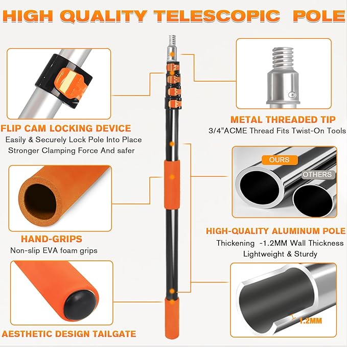 28FT Reach Telescopic Extension Pole, 5-20FT Multi-Purpose Extendable Pole with Universal Twist-on Metal Tip, Lightweight Sturdy Aluminum Paint Roller Extension Pole for Dusting Painting Cleaning