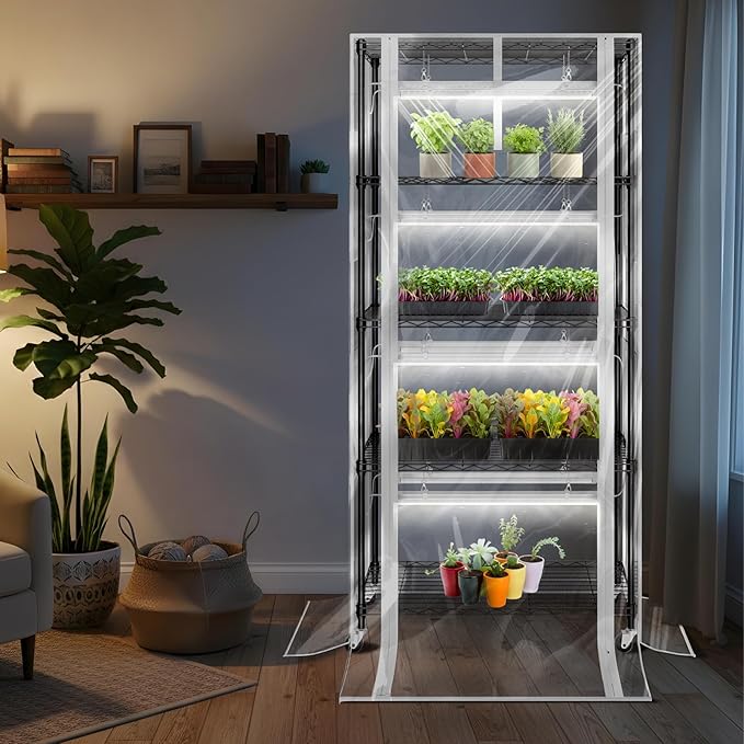 SOLIGT Indoor Greenhouse with Grow Lights - 5 Tier Plant Shelf & 8 x 2FT 6000K Full Spectrum Lights, Thick PVC Cover, Mesh Ventilation, Mini Small Greenhouse Cabinet for Seed Starting Seedlings Growth