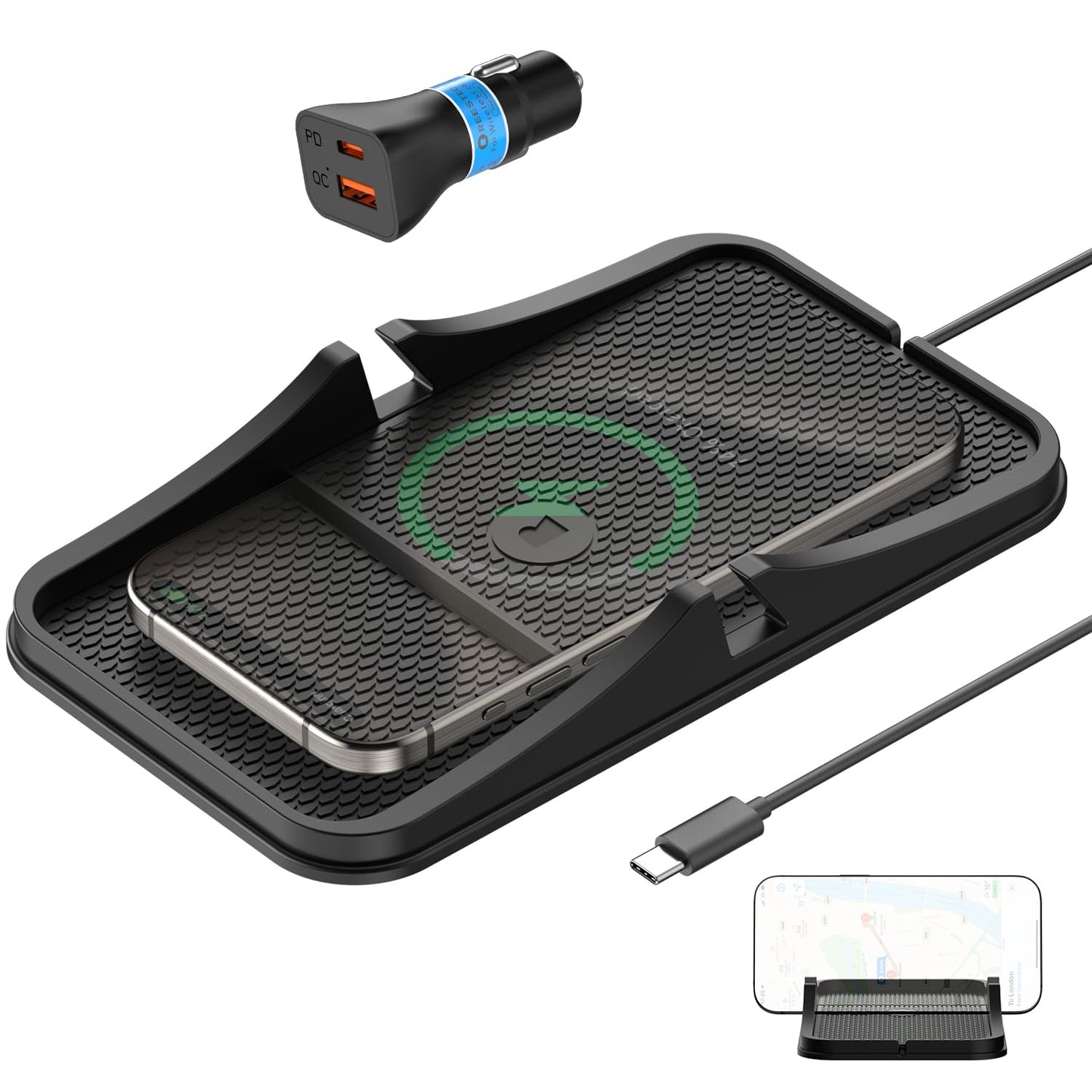 Wireless Car Charger Pad, Reestecqi Large Wireless Charging Pad For Car Non Slip Car Phone Holder Wireless Charger Compatible Wi