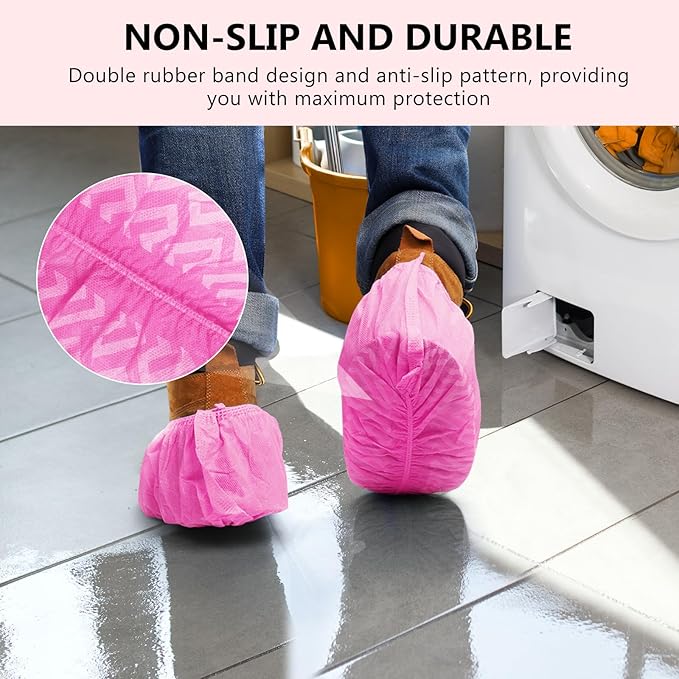 squish 200 Pack Shoe Covers Disposable Non-Slip, Pink Non-Woven Fabric Boot Covers for Indoors Breathable Slip Resistant Durable Boot&Shoes Cover, Protector Covers Fits Virtually Most Shoes