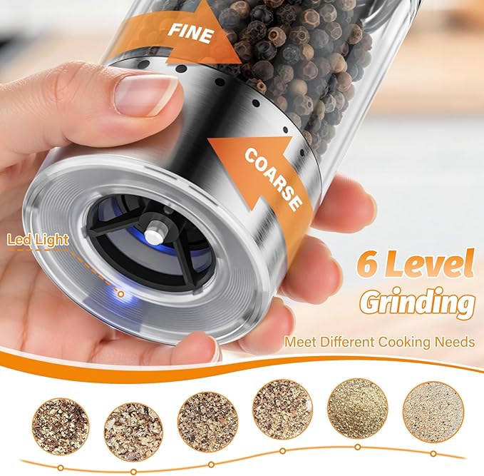 HomeHacks Upgraded Larger Capacity Electric Salt and Pepper Grinder Set, Rechargeable Type-C with LED Light, Stainless Steel Automatic & 6 Adjustable Coarseness, Ideal for Housewarming/Christmas Gifts