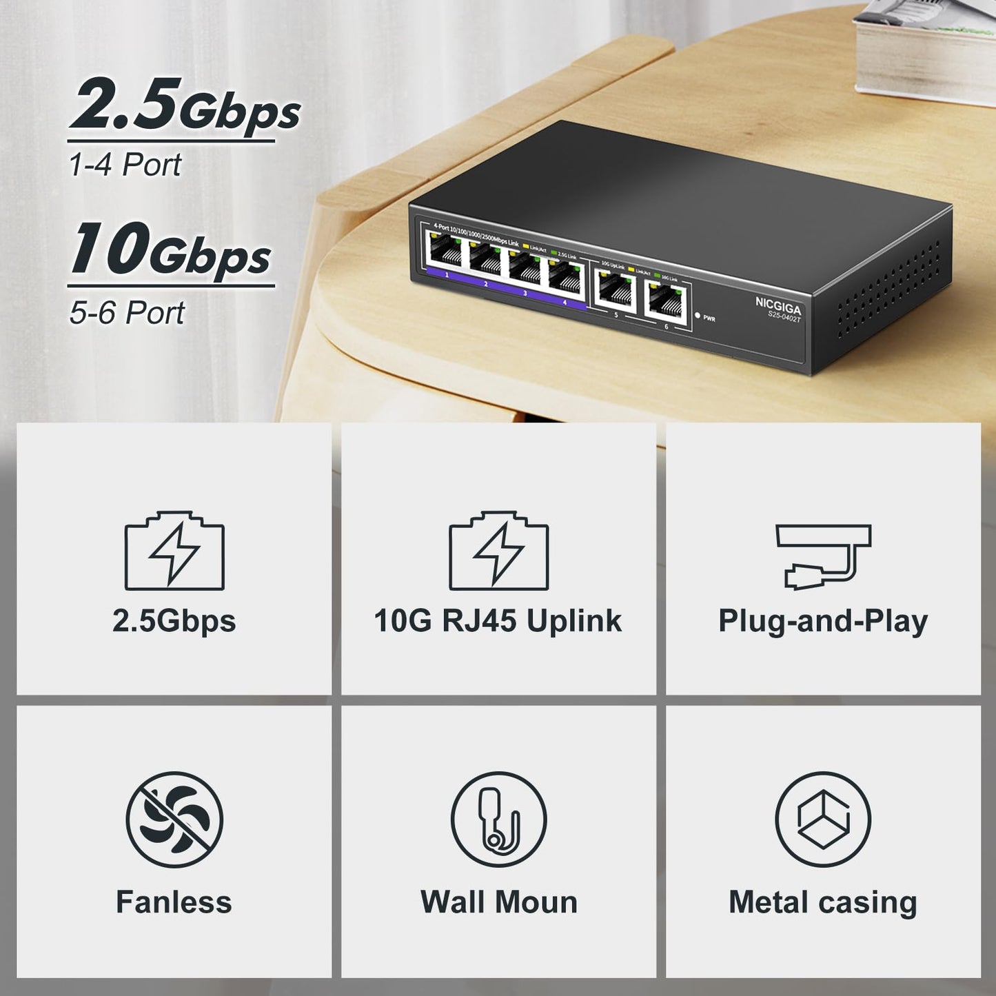 10Gbe Ethernet Switch Unmanaged With 2 X 10Gb Rj45 Ports ? 4 X 2.5Gb Base-T Ports, Desktop/Wall Mount Nicgiga 6 Port 10Gbps Netw