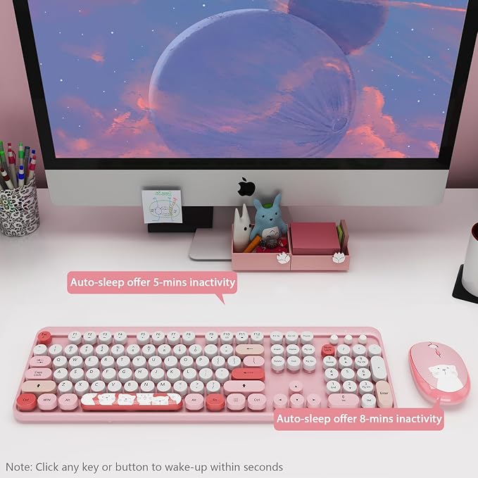 Wireless Keyboard,KOOTOP Cute Colorful 104 Keys Typewriter Retro Round Keycaps Keyboard for PC Laptop,Desktop,Windows, Home and Office Keyboards(Pink)