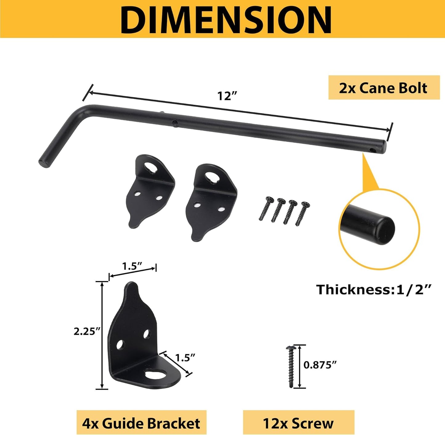 12" Heavy Duty Cane Bolts for Gates with Black Rustproof Powder Upgraded Hardware Gate Drop Rod for Wood PVC Vinyl Fences Gates, Double Doors-2 Pack