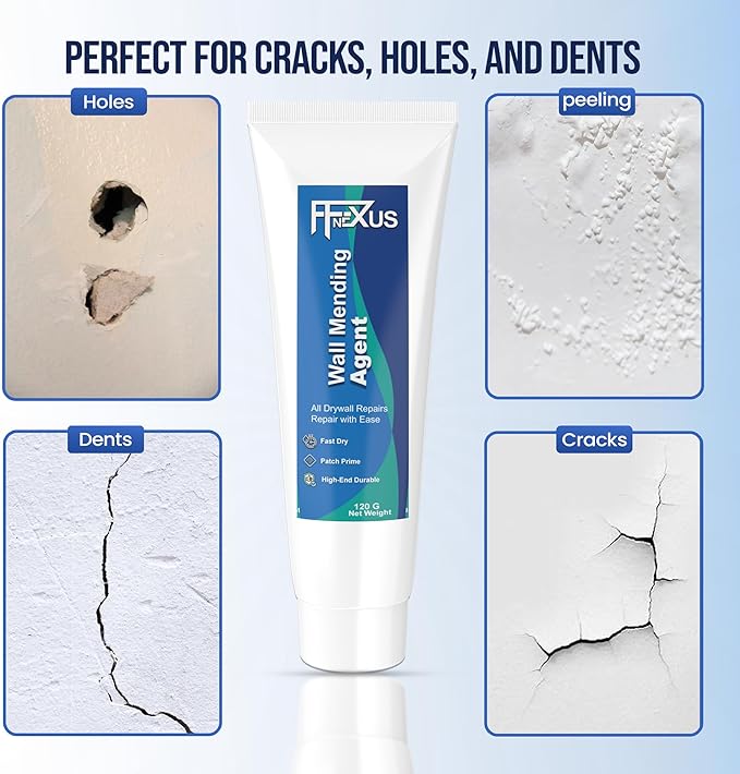 Drywall Repair Kit – 2 × 120g Fast-Dry Putty Tubes with 2×2″ & 4×4″ Wall Patch Mesh, Dual Scrapers & 2 P180 Sandpapers | Quick-Dry Spackle & Sheetrock Crack Filler for Wall, Ceiling & Plaster Repair