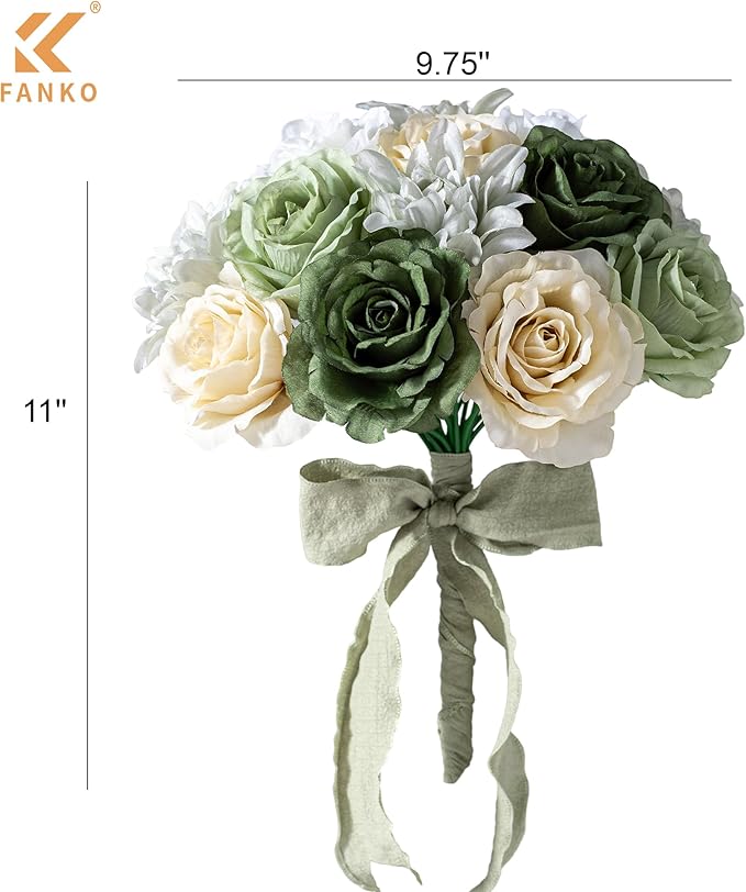 FANKO Artificial Flower Fake Rose Combo, 5 Mixed Silk Flowers Bouquet Dark & Light Green Rose Cream Roses, Light Gray Dahlia for DIY Wedding Bridal Bouquets/Centerpieces/Home Decorations