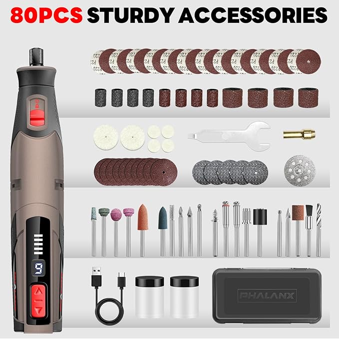 PHALANX Cordless Rotary Tool Kit, 4V 4000mAh Battery, 80 Accessories, 9 Speed Settings, 28000 RPM Max, Type-C Charging (PRT-Brown)