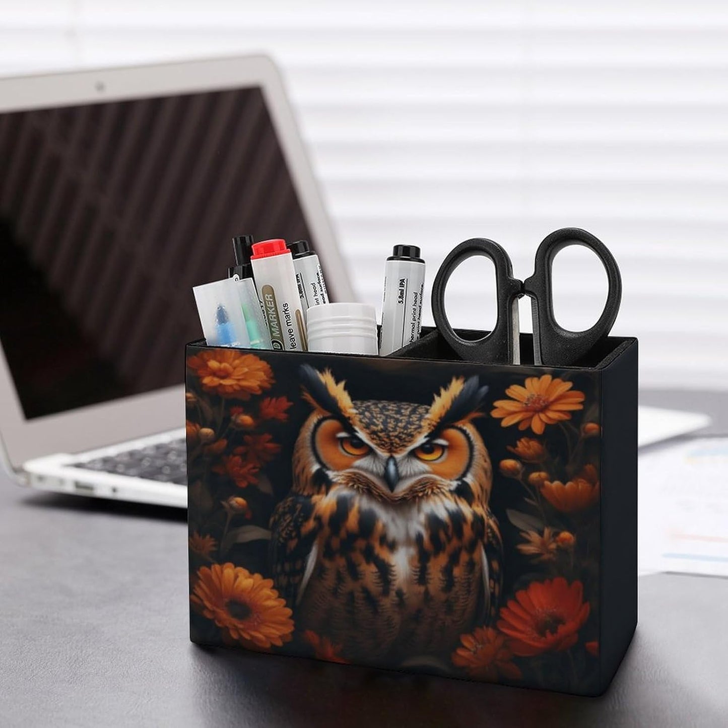 Owl Among Flowers Lether Pen Holder for Desk Makeup Brush Holder Office Organizer Desk Accessory for School Office