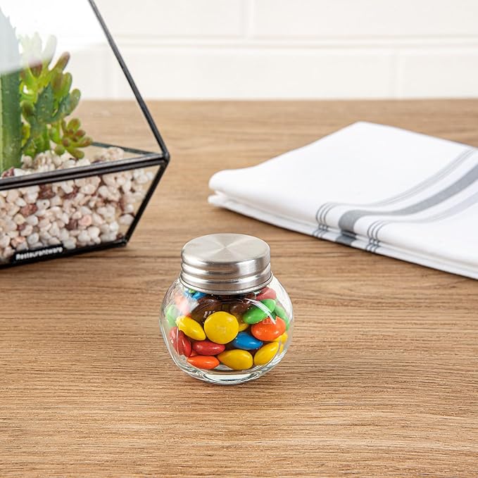 Restaurantware Vetri 2 Ounce Mini Favor Jars, 10 Durable Candy Jars - With Wide Spout, Chrome Lid, Clear Glass Candy Jars, Dishwashable
