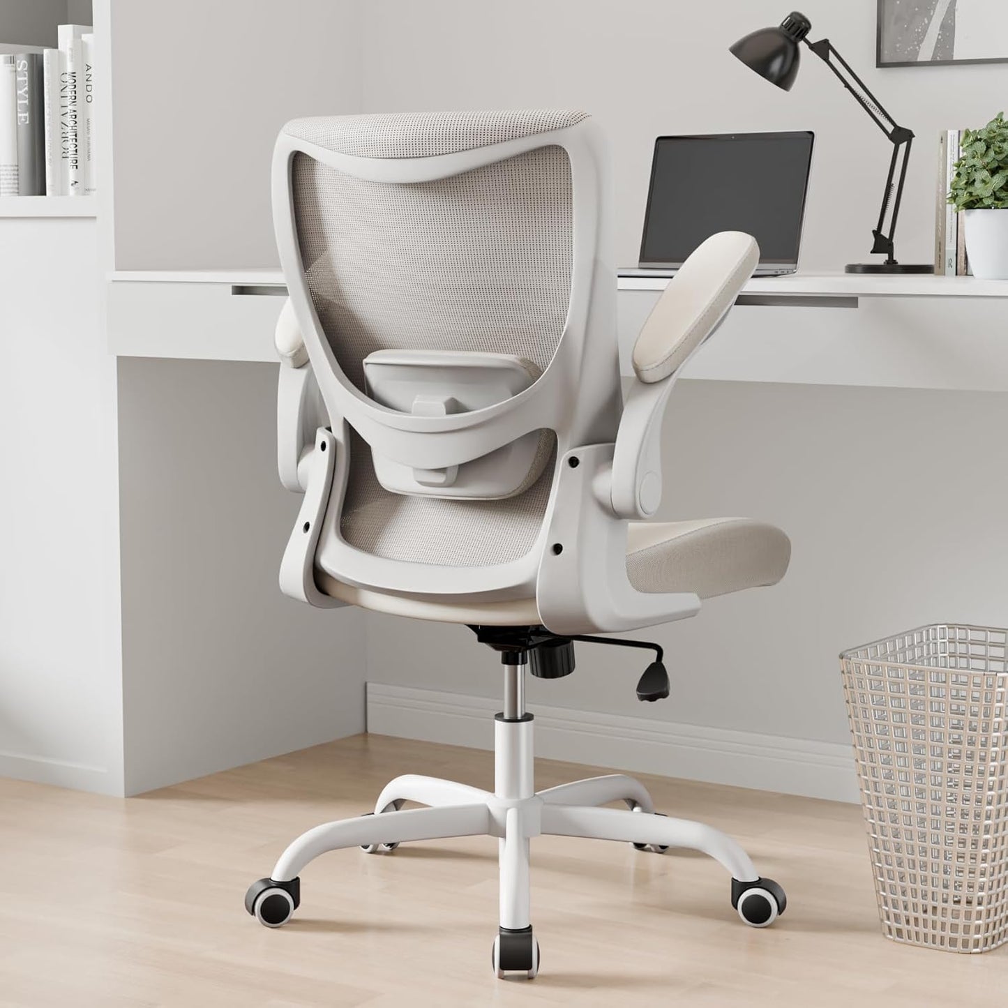 Office Chair, PU Leather Ergonomic Desk Chair with Adjustable Lumbar Support and Flip up Armrest, Breathable Mesh Computer Chair for Home Office, Khaki