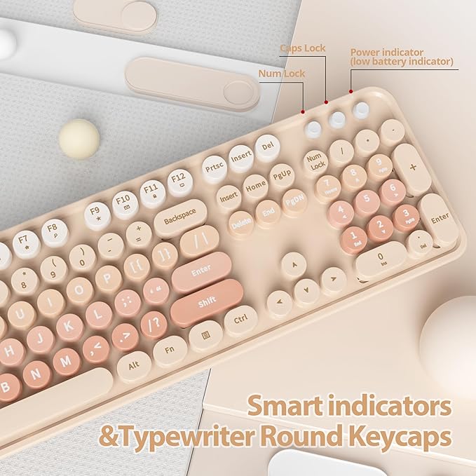 Wireless Keyboard and Mouse Set, Retro Typewriter Keyboard, 2.4GHz Full Size 104-Key Cute Keyboard with Number Pad, Colorful Keyboard with Round Keycaps for Windows PC Laptop(Brown)