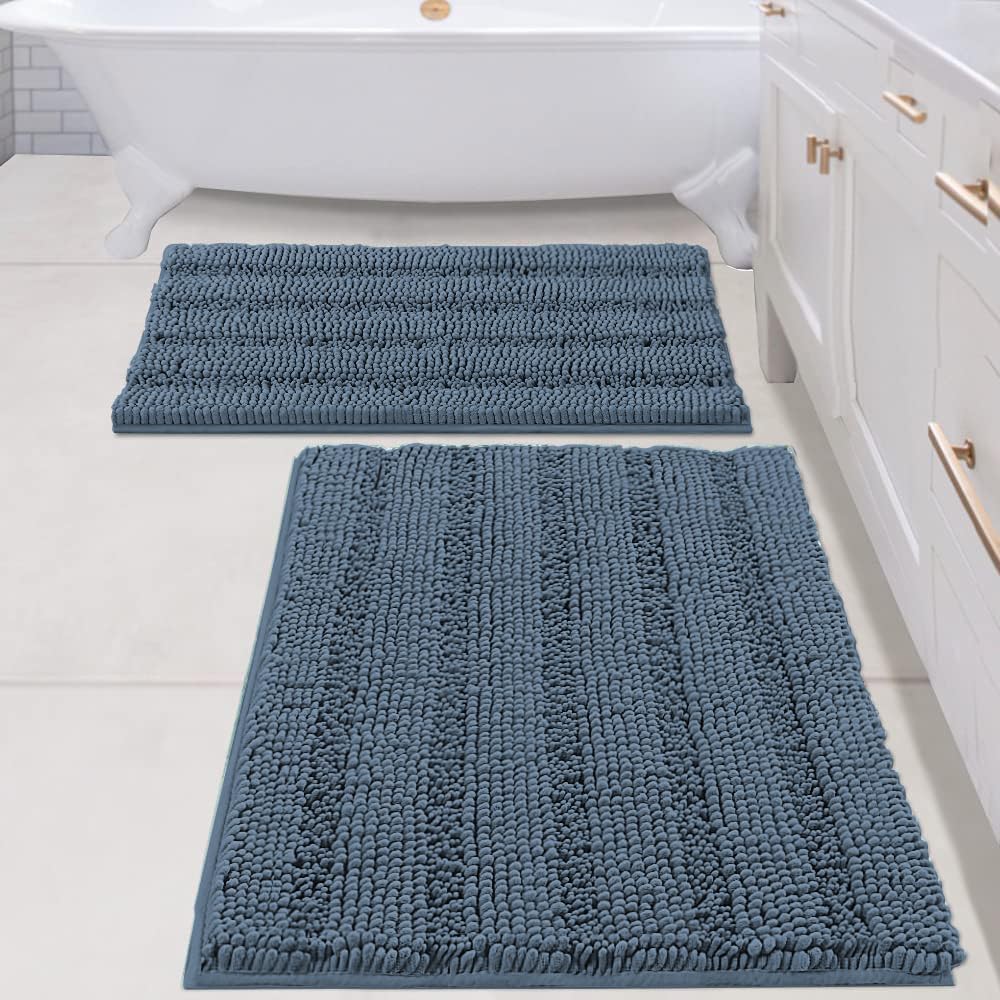 H.VERSAILTEX Bathroom Rug Sets 2 Piece Bath Mats Non Slip Thick Soft Chenille Striped Bath Rug achine Washable Shower Floor Rugs for Tub, Shower and Floor (Blue Indigo, 20" x 32"/24" x 36")