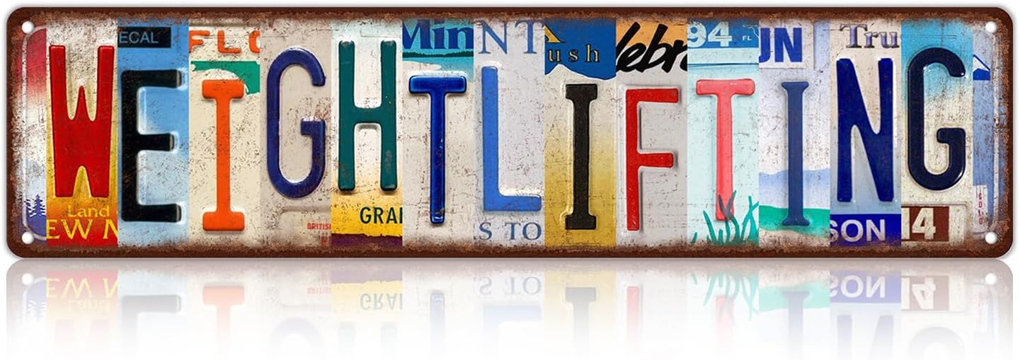Vintage Sport Metal Tin Signs Weightlifting Street Signs Man cave Home Room Bar Wall Decor 16 x 4 Inches