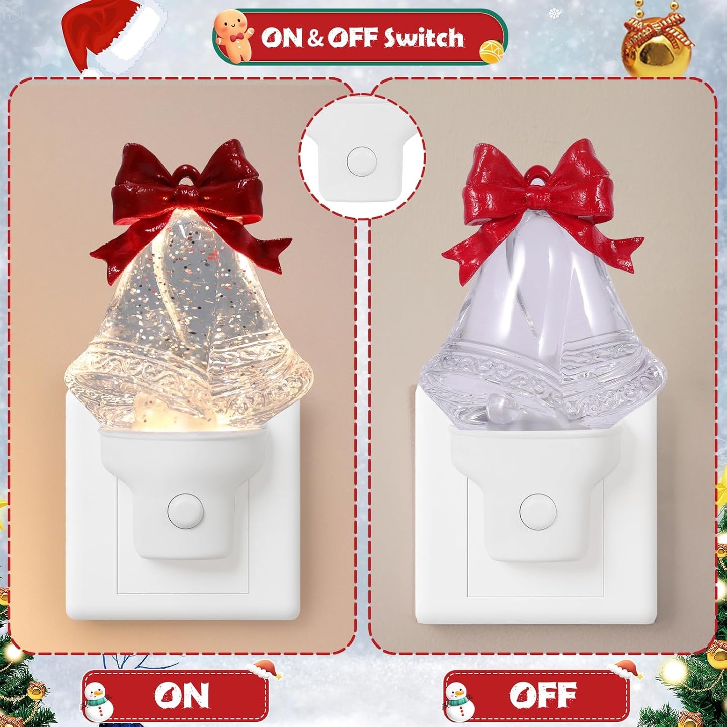Christmas Bell Night Light Plug into Wall Glitter Water Nightlight with USB/Outlet Options, Christmas Decorative Nightlight for Bedroom Kitchen Nursery Hallway Holiday Decorations Gifts (Bell)