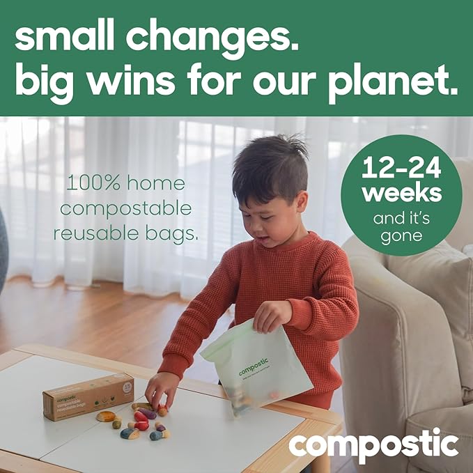 Compostic Home Compostable Resealable Snack Bags (6"x 3.5"), Microwave & Freezer Safe, Organic Food Storage Container, 60 Count