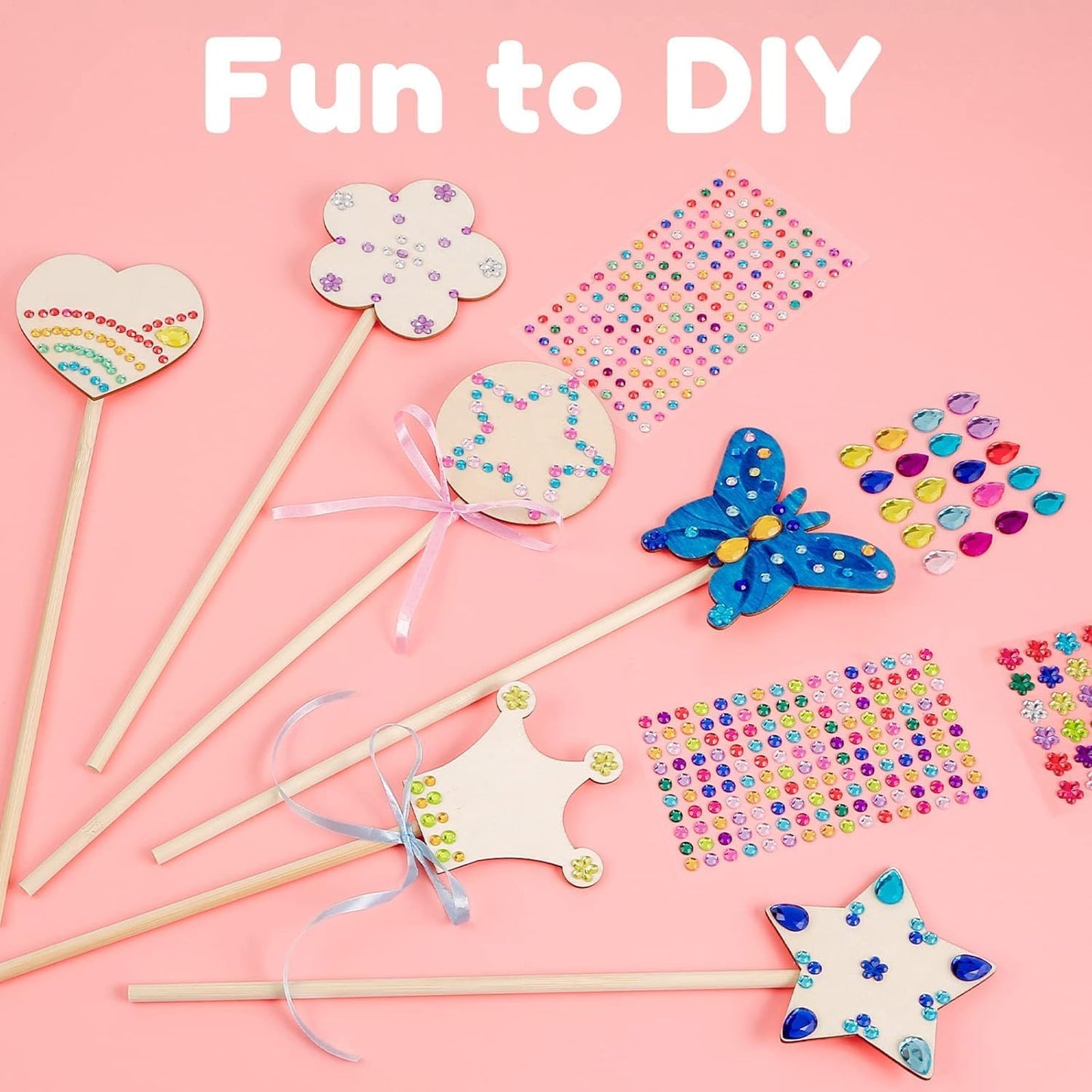 Pllieay Princess Fairy Wands Kit for Birthday Party Favors Decorations, Include 18 Pieces 6 Styles Unfinished Wooden Princess Wand and 4 Gem Stickers Princess Art Magical Show for Party Supplies