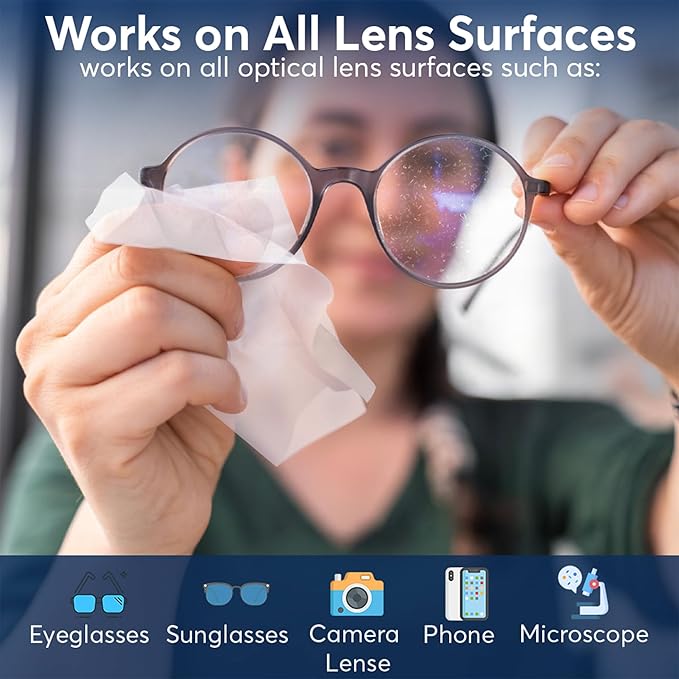 Lens Cleaning Wipes (50 Total Wipes) | Pre-Moistened Individually Wrapped Wipes | Non-Scratching & Non-Streaking | Safe for Eyeglasses, Goggles, & Camera Lens
