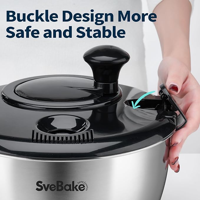 Stainless Steel Salad Spinner, 4.8 Qt Vegetable Washer, BPA-Free Lettuce Dryer with Crank Design, Dishwasher Safe, Non-Slip Base - Black Lid