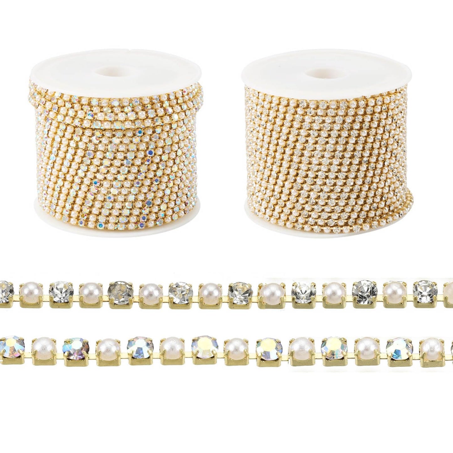 Fashewelry 10 Yards Pearl Rhinestone Chain Trim 2mm Golden Rhinestone Close Chain Tiny Rhinestones Banding for Sewing Crafts Shoes Clothes Nail Art Jewelry Making