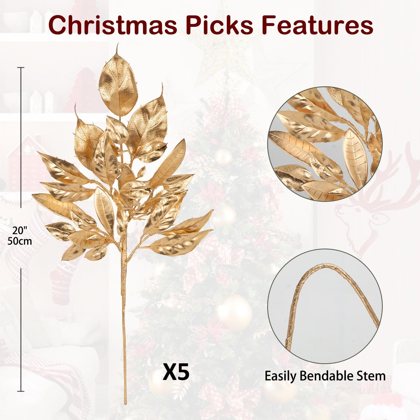 5 Pcs Fake Leaves Plants for Christmas Decor 20 Inch Metallic Gold Artificial Magnolia and Bay Leaves Faux Tropical Leaves with Stems for Holiday Party Decor Christmas Mantle Garland Wreath - Gold