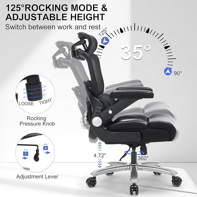500lbs Big and Tall Ergonomic Office Chair,3D Headrest and Armrests Big Executive Chair,Adjustable Lumbar Support,Thickened Seat Cushion,360° Silent Rolling Wheels,Perfect for Home Office,Gaming Room