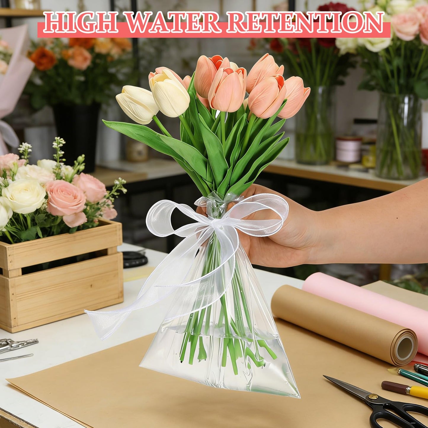 TOPPERFUN 50Pcs Flower Bags, 9.8x5.9in Bouquet Water-retaining Bag Protector, Rose Packaging for Arrangement, PE Water Floral Sleeves for Wedding Graduation and Mother's Day Florist Wrapping Supplies