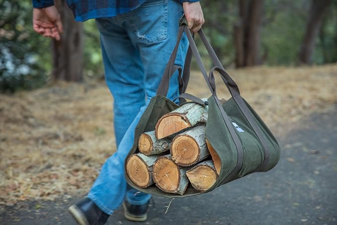 Heavy Duty Waxed Canvas Firewood Log Carrier Bag Tote – Unique Dual Handles allow Secure Comfortable grip with various load sizes. Cinch Strap holds all wood in place (Olive/Olive)