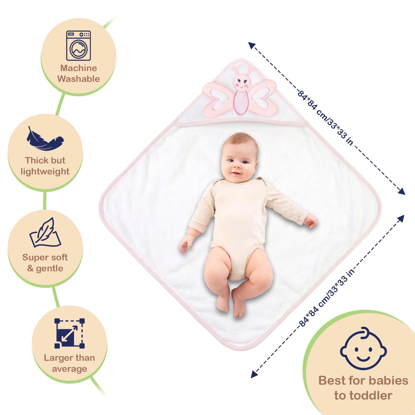 Mother's Choice Baby Towels 100% Organic Cotton Hooded Design, Large Size Baby Bath Towels, Ultra-Soft & Absorbent for Newborns, Infants, Toddlers, Boys & Girls with Animal Hood (Butterfly)