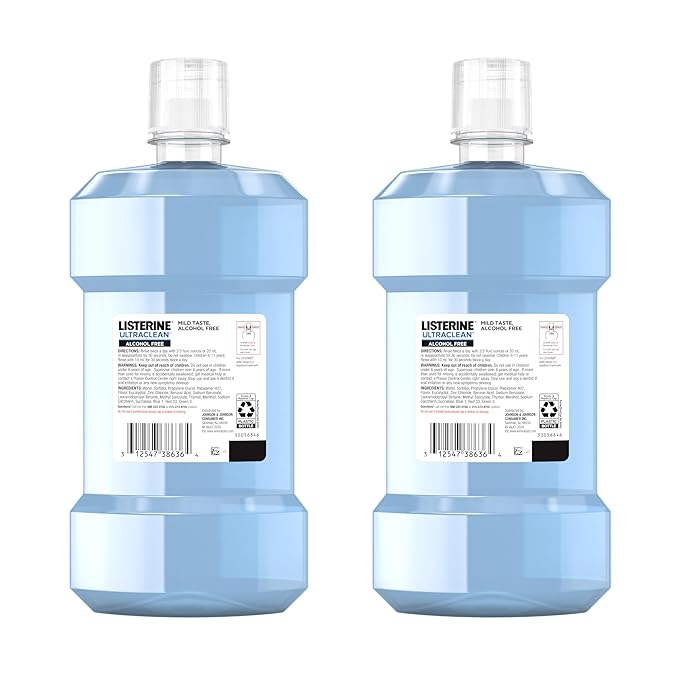 Listerine Ultraclean Mouthwash, Alcohol Free, Tartar Control | Arctic Mint | Less Intense | 1 L | Pack of 2