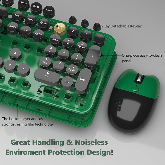 Kootop Wireless Keyboard,Cute Colorful 104 Keys Typewriter Retro Round Keycaps Keyboard for PC Laptop,Desktop,Windows, Home and Office Keyboards (Black Green)