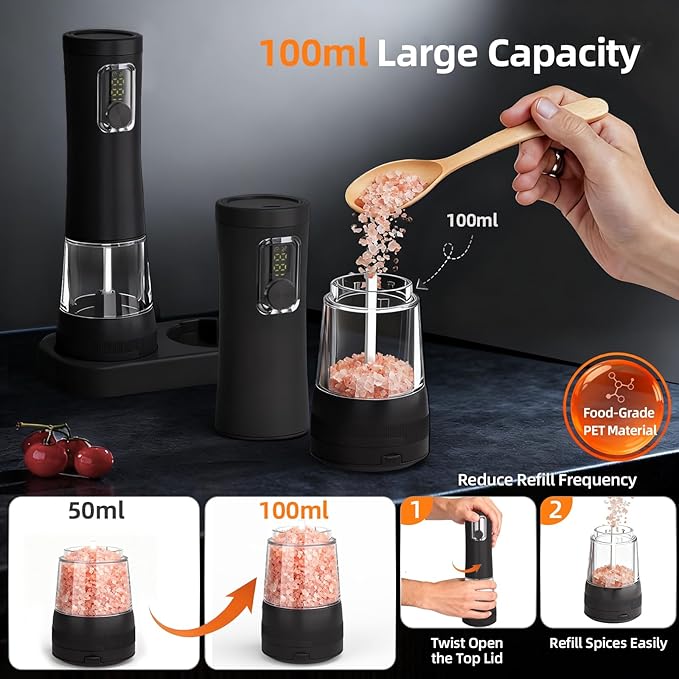 Electric Salt and Pepper Grinder, Rechargeable Automatic Pepper Mill with Base,5-Level Adjustable Coarseness, Display, LED Lighting, Large Capacity-Ideal for Kitchen, BBQ Gifts (1, Black-A)