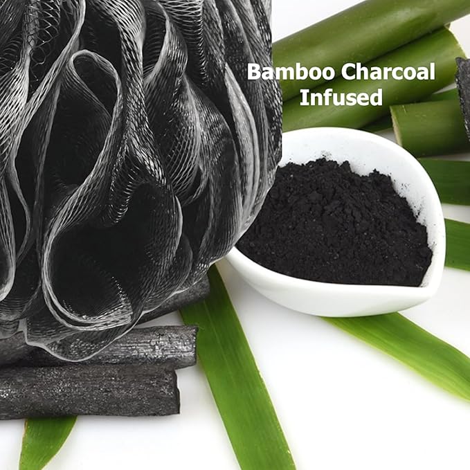 SHOWER BOUQUET Loofah-Charcoal Bath-Sponge XL-Color-4-Pack // Extra Large 75g Soft Mesh Black Luffa Loofa Loufa Puff Set/Exfoliating Body Scrubber for Women and Men - Exfoliate & Soothe Face & Body
