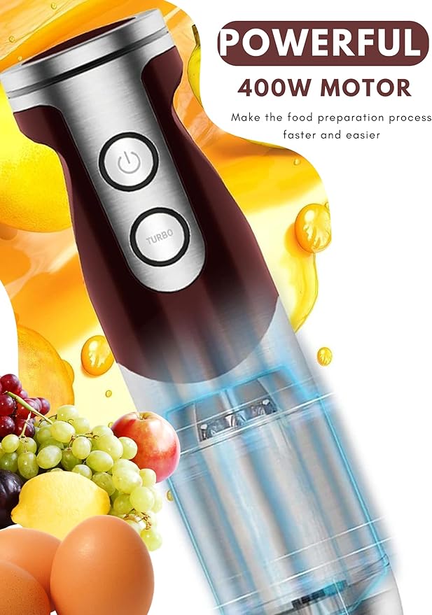 MegaWise Pro Titanium Reinforced 3-in-1 Immersion Corded Hand Blender, Powerful MOTOR with 80% Sharper Blades, 12-Speed Corded Blender, IncludingWhisk and Milk Frother (3-in 1 Red)
