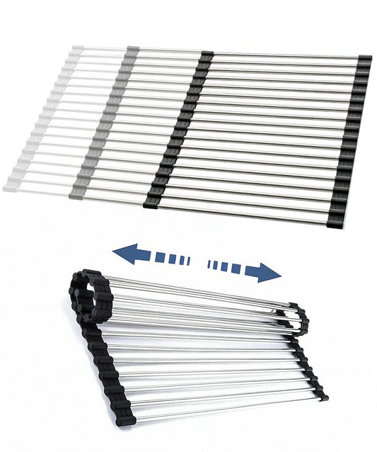 CHIRISEN Expandable Large Roll Up Dish Drying Rack, Foldable Over The Sink Dish Drying Rack, Rolling Dish Drainer Stainless Steel Roll Rack for Kitchen Sink Counter (Black, 21.25x12.79)