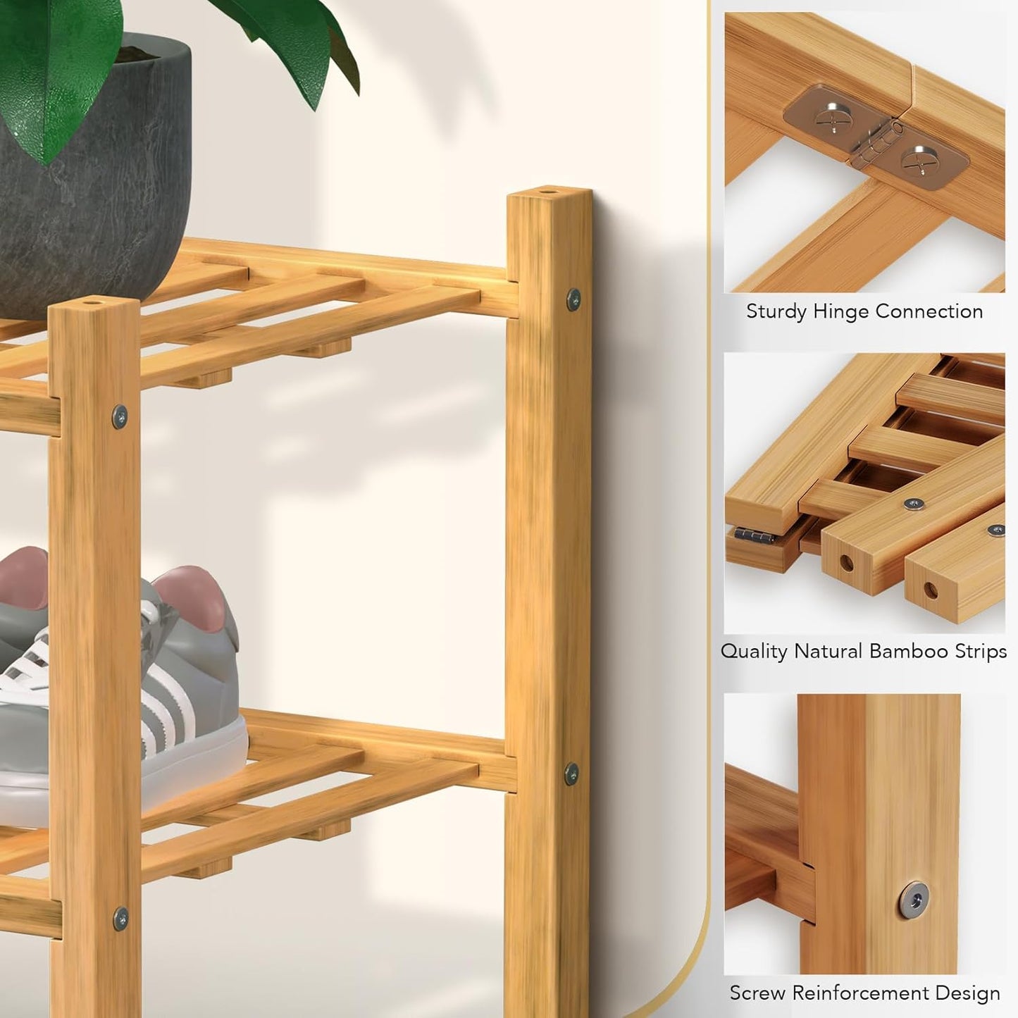 Haddockway 4 Tier Bamboo Shoe Rack Storage Organizer, Multifunctional Free Standing Stackable Shoe Shelf with Grid Panel for Closet,Hallway,Entryway,Small Space 27"x11"x26" (Natural, 4 Tier)