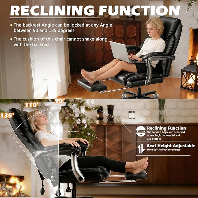 600LBS Large Heavy Duty Office Chair with Foot Rest,Reclining Big and Tall Office Chair with Pocket Spring Cushion, Comfy High Back with Adjustable Lumbar Support,Dual Rubber Wheel