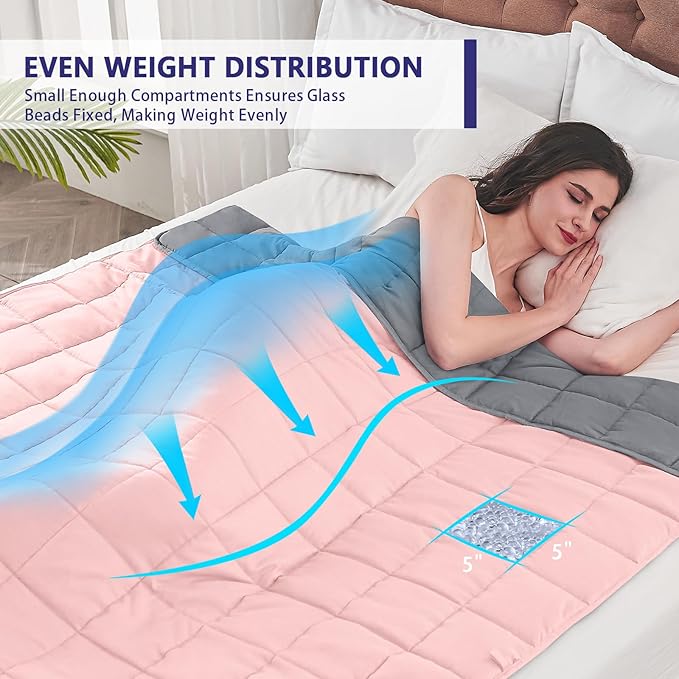 yescool Weighted Blanket for Adults (22 lbs, 60" x 80", Pink Grey) Cooling Heavy Blanket for Sleeping Perfect for 210-230 lbs, Queen Size Breathable Blanket with Premium Glass Bead, Machine Washable