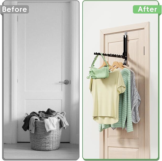 Over The Door Hooks, Extended Over The Door Clothes Hanger with 11 Ridges,Space-Saving Over The Door Rack,Door Hooks for Hanging Clothes,Larger Capacity Over The Door Hanger (2, Black(Update))