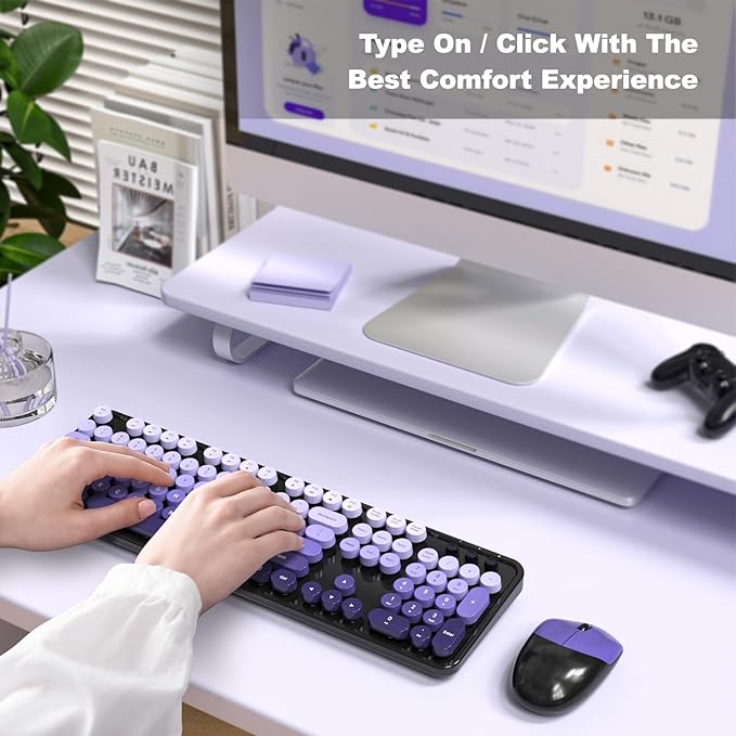 Wireless Keyboard and Mouse Combo, 104 Keys Full Size Typewriter Keyboards, 2.4G USB Plug and Play for Windows 7 8 10 11, PC, Laptop, Desktop, Black & Purple