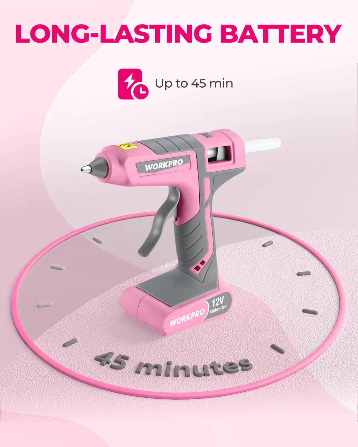 WORKPRO Full Size Cordless Hot Melt Glue Gun - 12V Rechargeable Fast Preheating Glue Gun Kit with 15pcs Full Size Glue Sticks, Auto Power-off Glue Gun for DIY Project, Art, Craft - Pink Ribbon