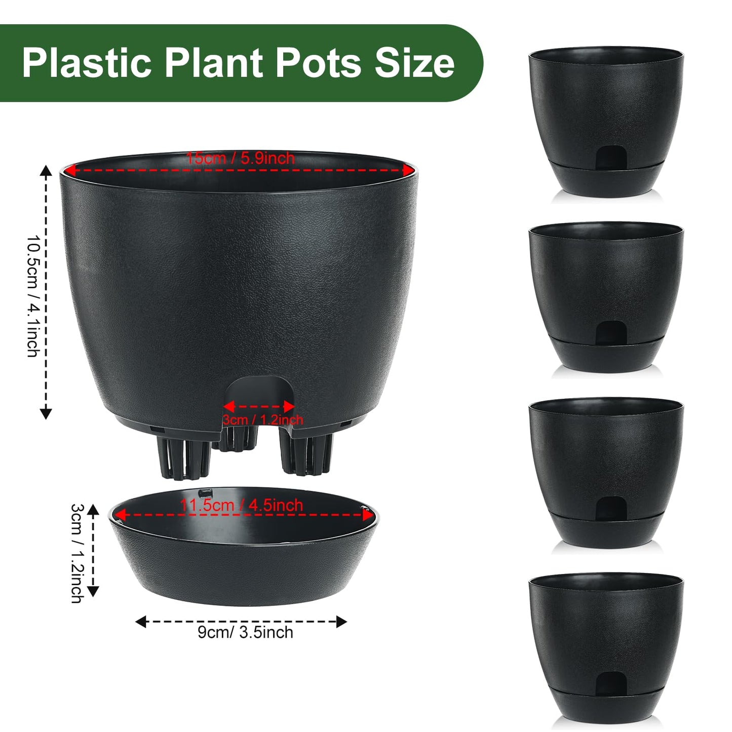 IWNTWY Self Watering Pots Set, 5 Pack 6 Inch Self Watering Pots for Indoor Outdoor Plants, Plastic Planter with Drainage Holes and Deep Reservoir for African Violet, Spider, Orchid