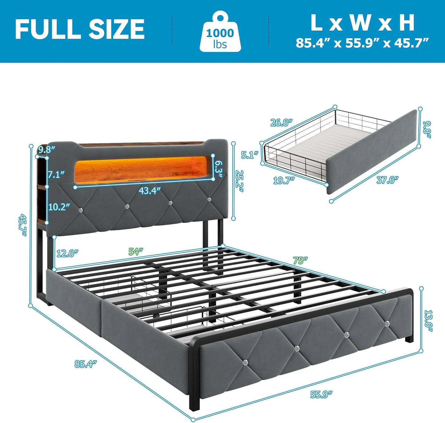 Full Upholstered LED Bed Frame with 2 Storage Drawers and 2-Tier Storage Headboard, Velvet Platform Bed with Charging Station & Bookcase, Corner Bed Frame, Heavy Duty Metal Support, Grey