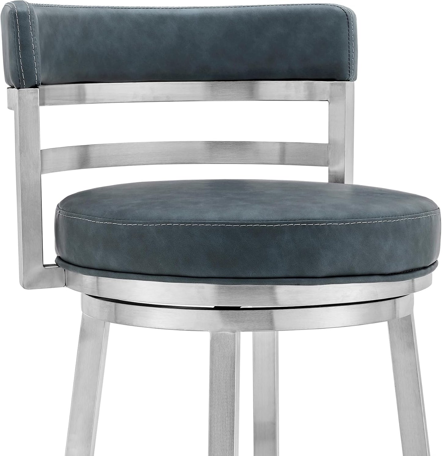 Armen Living Titana 26" Counter Height Swivel Blue Faux Leather and Brushed Stainless Steel Bar Stool