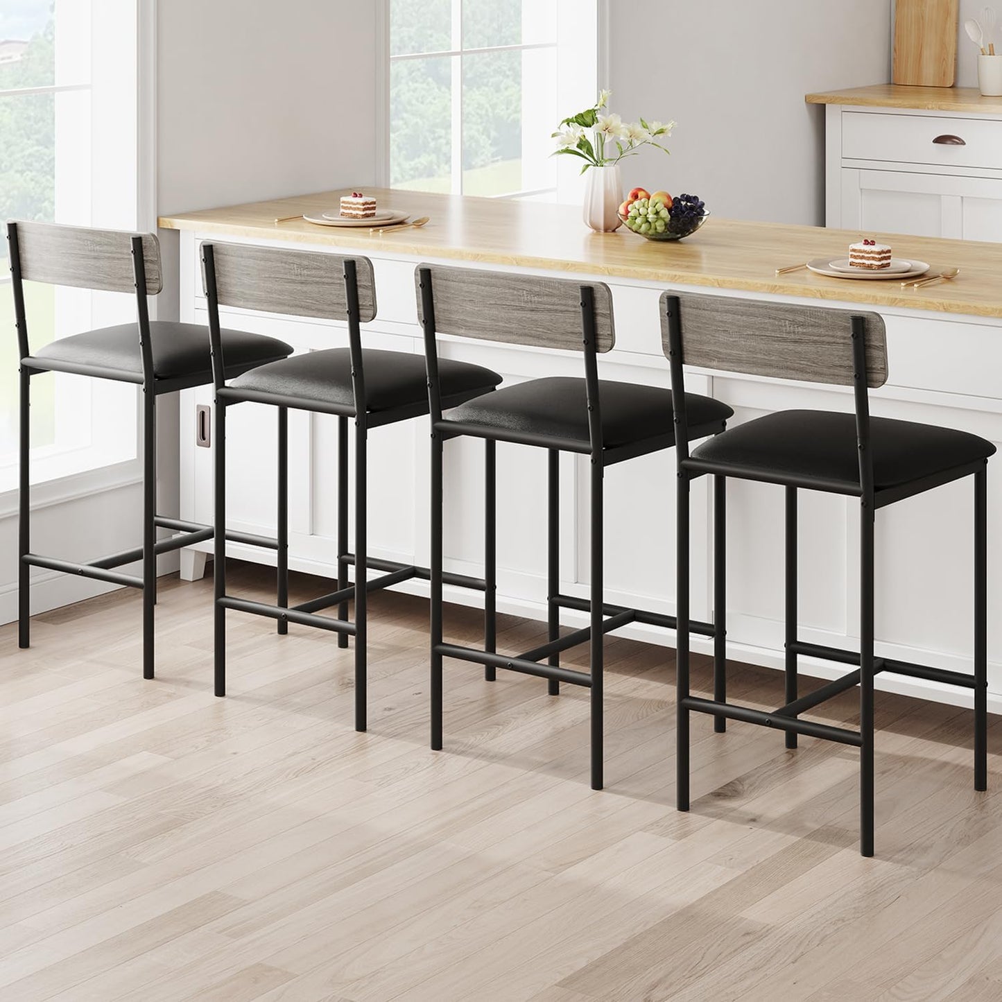 GarveeHome Bar Stools Set of 4, Upholstered Counter Height Bar Stools with Backrest and Footrest, Kitchen Barstools for Island, Counter Bar, Easy Assembly, Rustic Gray